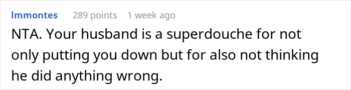 Comment criticizing a man who undermines his wife&rsquo;s job and acts defensive when she doesn&rsquo;t laugh, displayed in a forum.