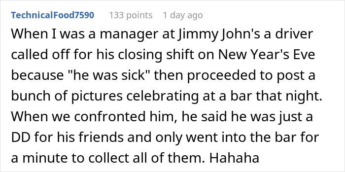 Text post discussing a woman calling in sick and celebrating at a bar during a bottomless mimosa brunch.