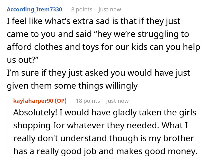 Reddit conversation discussing feelings about demanding to check brother’s girlfriend’s bags before leaving the house. Reddit conversation discussing feelings about demanding to check brother’s girlfriend’s bags before leaving the house.