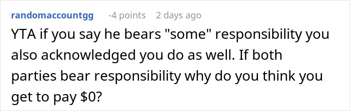 Screenshot of an online comment discussing responsibility in a cousin offering to photograph wedding then billing $3,000.