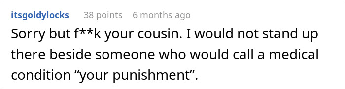Commenter responding to bride who thinks cousin&rsquo;s alopecia is punishment from God, rejecting the harsh judgment.