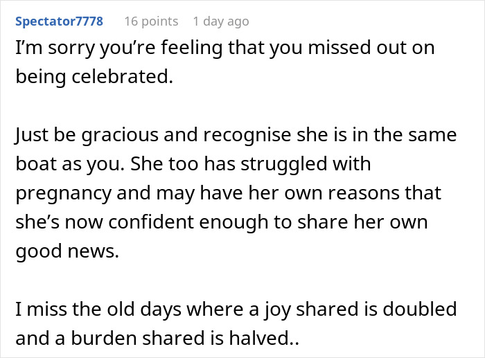 Text from online comment about fertility struggles and pregnancy support on a forum discussing baby shower experiences. Text from online comment about fertility struggles and pregnancy support on a forum discussing baby shower experiences.