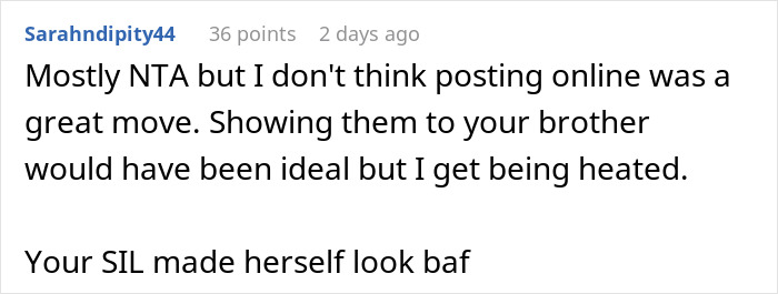 Screenshot of an online comment discussing posting screenshots of SIL's texts and the impact on making her look bad.