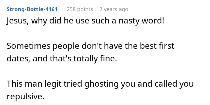 Screenshot of an online comment discussing a man calling his wife repulsive on their first date and the impact on their relationship.