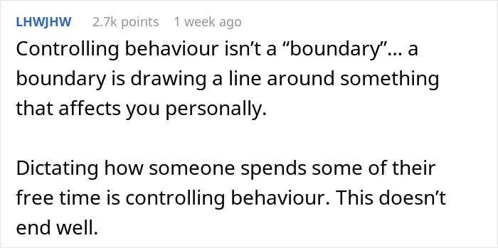 Text post discussing controlling behavior and boundaries, emphasizing how dictating gaming time affects personal freedom.
