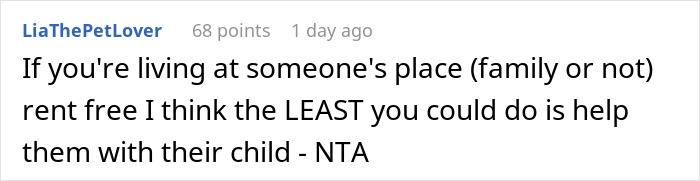 Commenter LiaThePetLover discussing helping with child care when living rent free, related to mom blowing up at daughters.