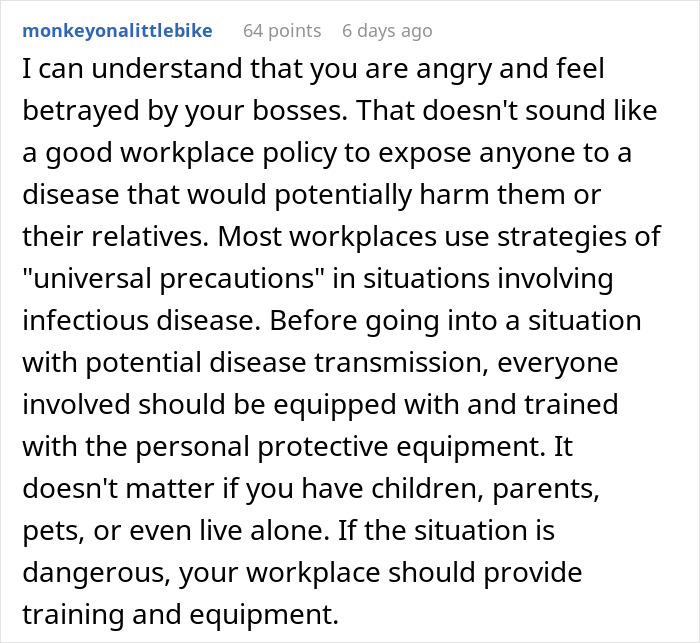 Comment discussing workplace risks and protective equipment related to extra risky tasks for employees without kids.