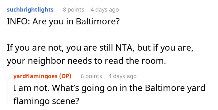Reddit thread discussing a woman&rsquo;s Facebook campaign against neighbor&rsquo;s pink flamingos and her response to buy more.