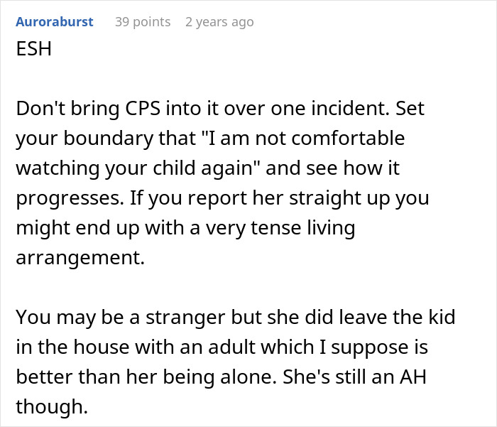 Text comment about woman abandoning child with stranger roommate after a brief acquaintance due to a work emergency.