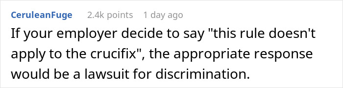 Comment about HR rule on religious symbols and discrimination in a workplace discussion forum post. Comment about HR rule on religious symbols and discrimination in a workplace discussion forum post.