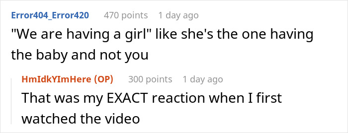 Online comments discussing a mom stealing daughter&rsquo;s pregnancy announcement to avoid a gender reveal party conflict.