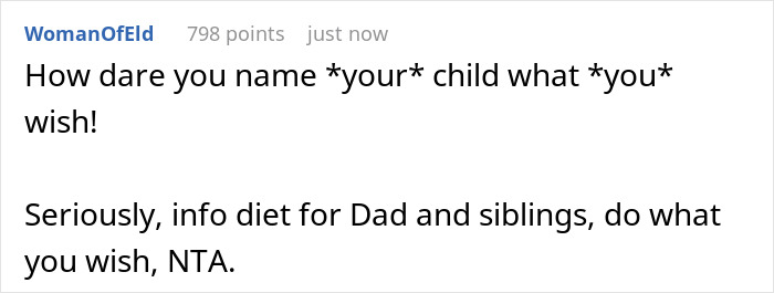 Comment text on a social media post debating naming a grandbaby after late wife, and the father's strong reaction.