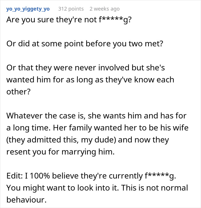 Comment discussing suspicion and drama involving husband&rsquo;s childhood best friend and relationship trust issues.