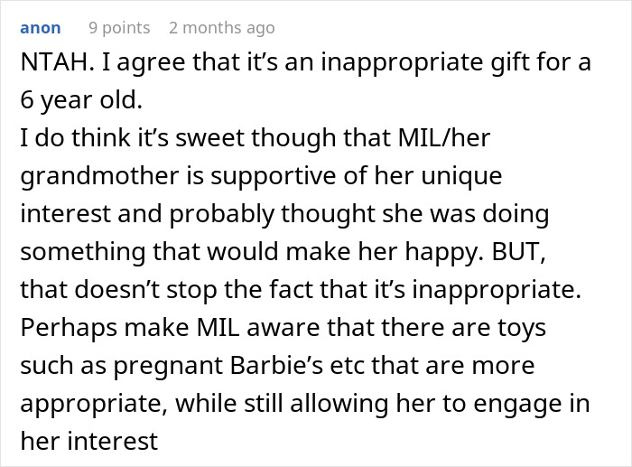 Text post discussing a mom furious over MIL's weird gift to her pregnancy-obsessed 6-year-old child.
