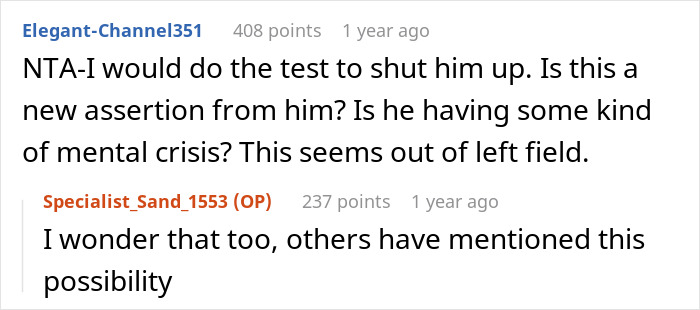 Screenshot of a Reddit conversation about a woman’s marriage ending after husband demands a paternity test for their teen son. Screenshot of a Reddit conversation about a woman’s marriage ending after husband demands a paternity test for their teen son.