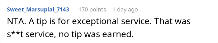 Reddit comment discussing whether to tip a waitress on a $300+ tab, stating no tip was earned due to bad service. Reddit comment discussing whether to tip a waitress on a $300+ tab, stating no tip was earned due to bad service.