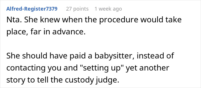 Comment about a woman needing a babysitter and disagreements involving husband&rsquo;s ex in a text discussion.