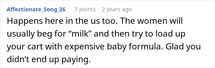 Woman at a store counter looking surprised after nearly falling for a scam involving expensive baby formula. Woman at a store counter looking surprised after nearly falling for a scam involving expensive baby formula.