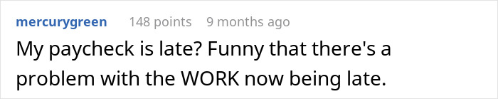 Screenshot of a Reddit comment complaining about late pay after the boss asked workers to admire his new truck.