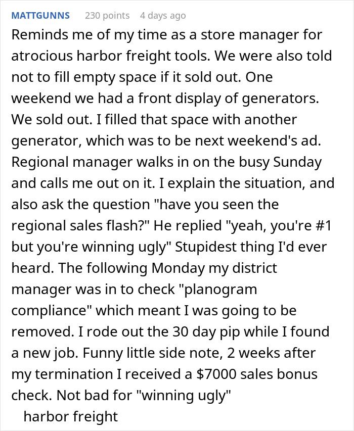 Manager told staff not to fill empty shelves, resulting in low sales and questions on store performance and compliance.