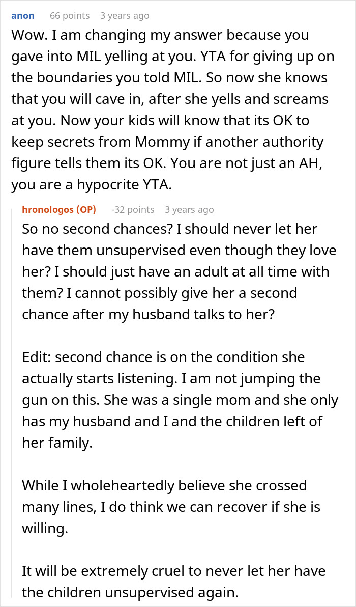 Screenshot of an online discussion where a mom refuses to leave kids with MIL after repeated fast food feeding.