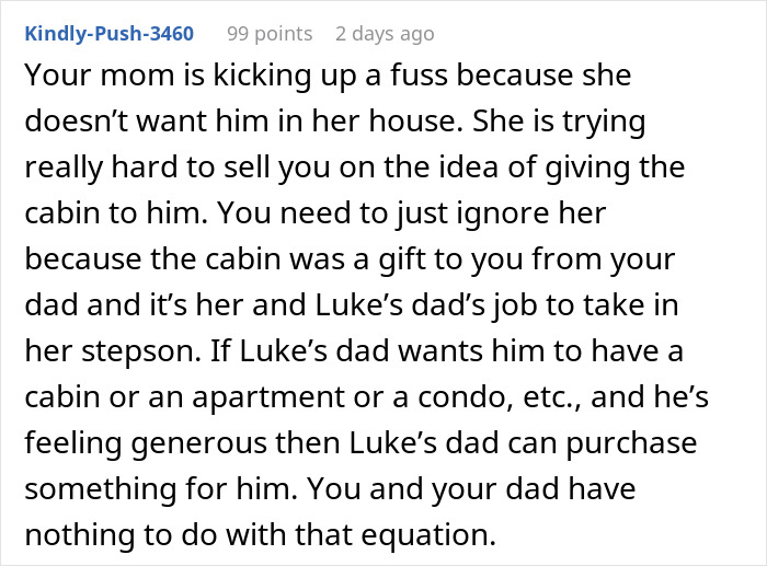 Text message discussing a woman refusing to give away her dad&rsquo;s cabin to her struggling stepbrother, causing family upset.