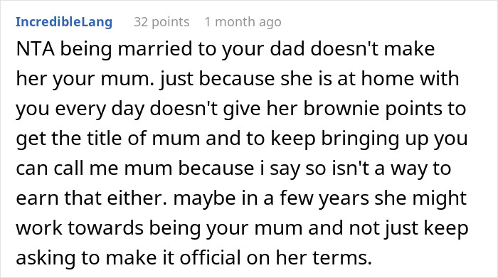 Screenshot of an online discussion where a user argues about a teen refusing to accept stepmother as mom.