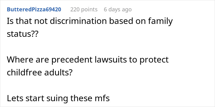 Comment discussing possible discrimination at work against childfree adults and the risks of family status bias.
