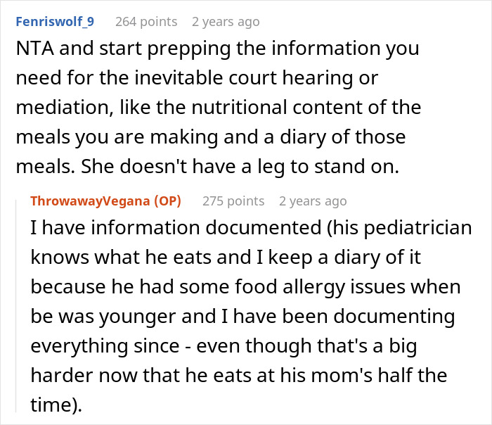 Reddit comments discussing meal prepping and documenting nutritional content for a son&rsquo;s veggie-focused diet.