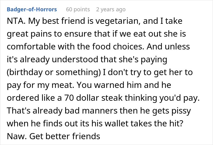Comment discussing a friend laughing off a vegan&rsquo;s warning about paying only for his food, and reaction to the bill arriving.