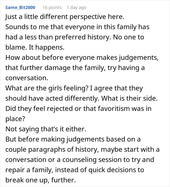 Comment discussing family dynamics and urging conversation before judgments in a mom blowing up at daughters conflict.