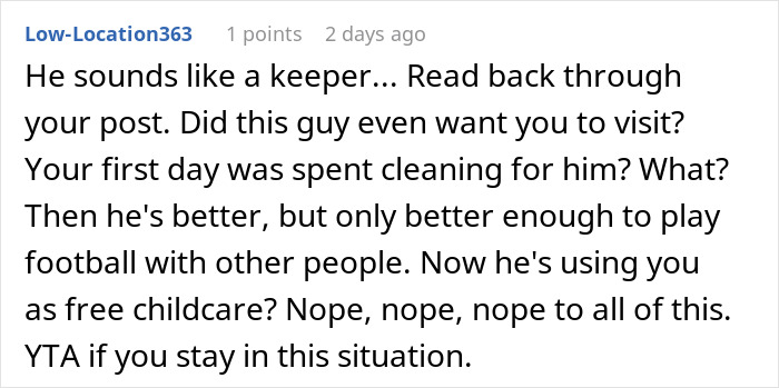 Screenshot of an online comment discussing refusing to babysit boyfriend’s niece during vacation, criticizing free childcare expectations. Screenshot of an online comment discussing refusing to babysit boyfriend’s niece during vacation, criticizing free childcare expectations.