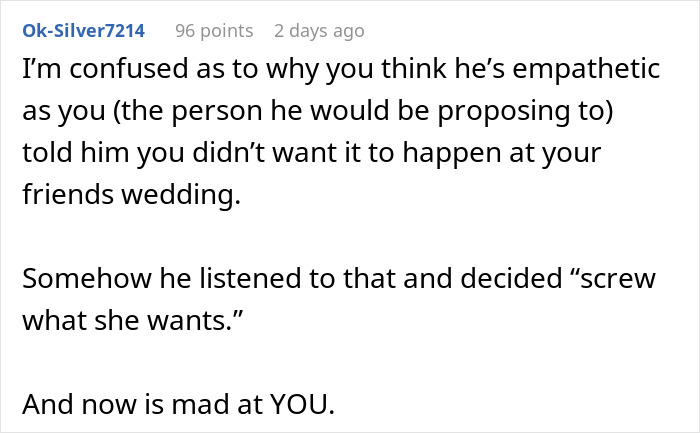 Screenshot of a Reddit comment discussing stopping a boyfriend&rsquo;s proposal at a best friend&rsquo;s wedding.