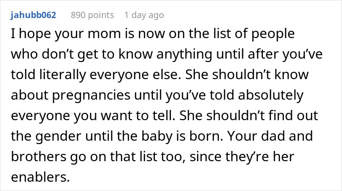 Comment about mom stealing daughter's pregnancy announcement to avoid a gender reveal party, discussing pregnancy and gender news boundaries.