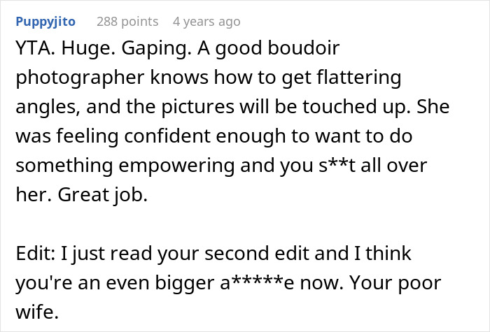 Comment criticizing a husband refusing a spicy photoshoot due to wife's 12 extra pounds after pregnancy, highlighting empowerment. Comment criticizing a husband refusing a spicy photoshoot due to wife's 12 extra pounds after pregnancy, highlighting empowerment.