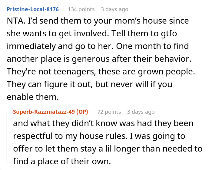 Reddit comments discussing a guy opening his door to family in need despite chaos from brother&rsquo;s girlfriend and cigarettes inside.