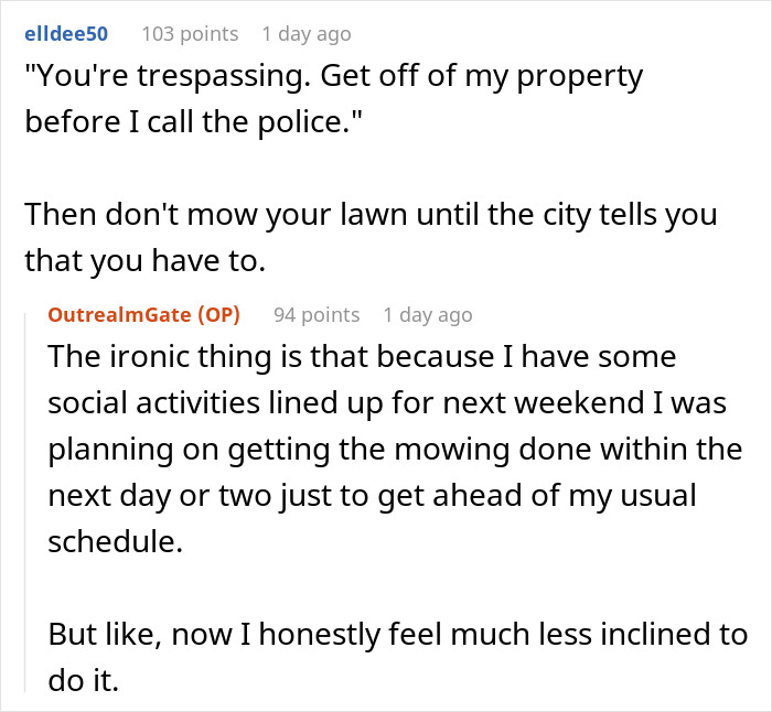 Reddit conversation where user complains about Karen faking wellness checks and criticizing neighbor's lawn. Reddit conversation where user complains about Karen faking wellness checks and criticizing neighbor's lawn.
