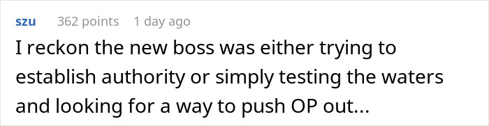 Comment discussing a boss accusing an employee of bullying by questioning, with the employee following rules strictly.