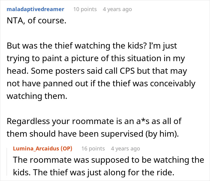 Screenshot of online discussion where user criticizes roommate for failing to babysit girlfriend&rsquo;s kids and not doing the parent thing.
