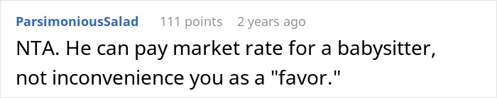 Screenshot of an online comment discussing a man refusing to babysit roommate&rsquo;s kid after a night shift, labeled selfish.