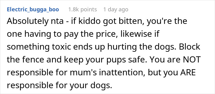 Comment text about neighbor’s kid turning fence into fast food window for dogs with woman building barricade. Comment text about neighbor’s kid turning fence into fast food window for dogs with woman building barricade.