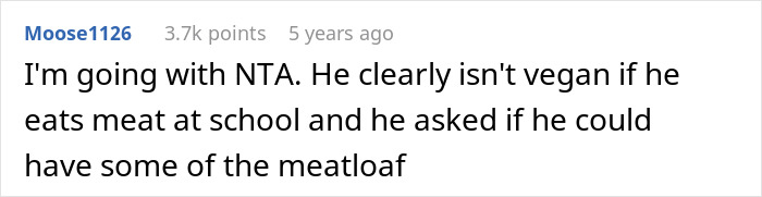 Comment discussing a teen son eating meat despite parents forcing him to be vegan, sparking conflict over diet choice. Comment discussing a teen son eating meat despite parents forcing him to be vegan, sparking conflict over diet choice.