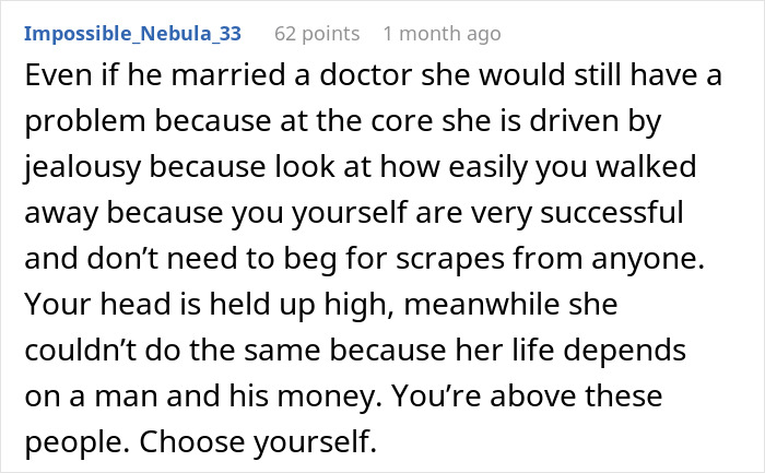 Reddit comment discussing jealousy, success, and calling someone a gold digger reliant on being a housewife.