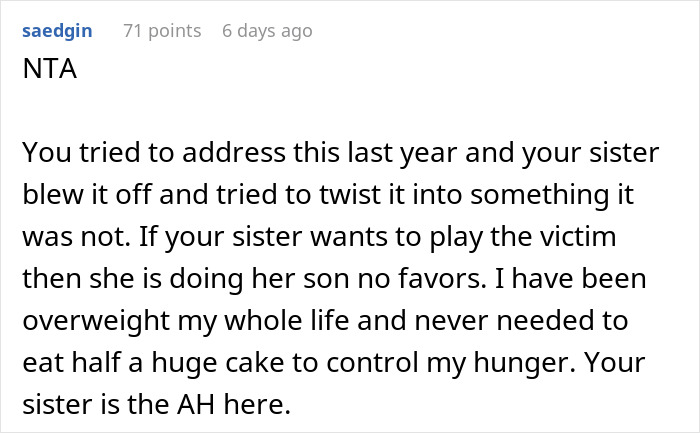 Text post discussing exclusion of nephew from birthday and accusations of fatphobia involving sister and family conflict.