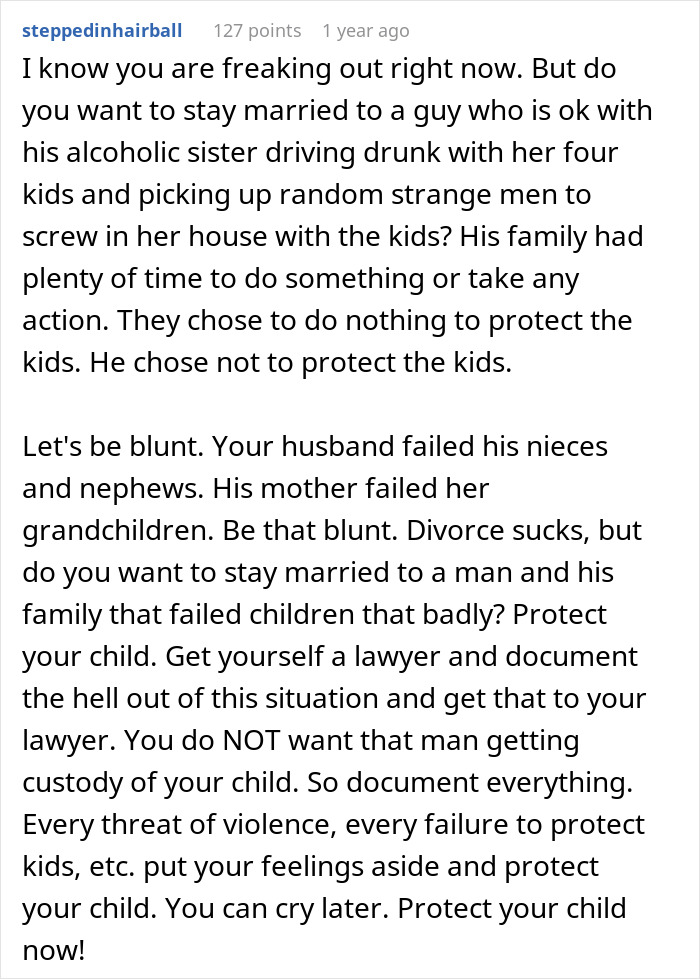 Alt text: Screenshot of a Reddit comment discussing divorce and protecting children from a negligent family after serving divorce papers.