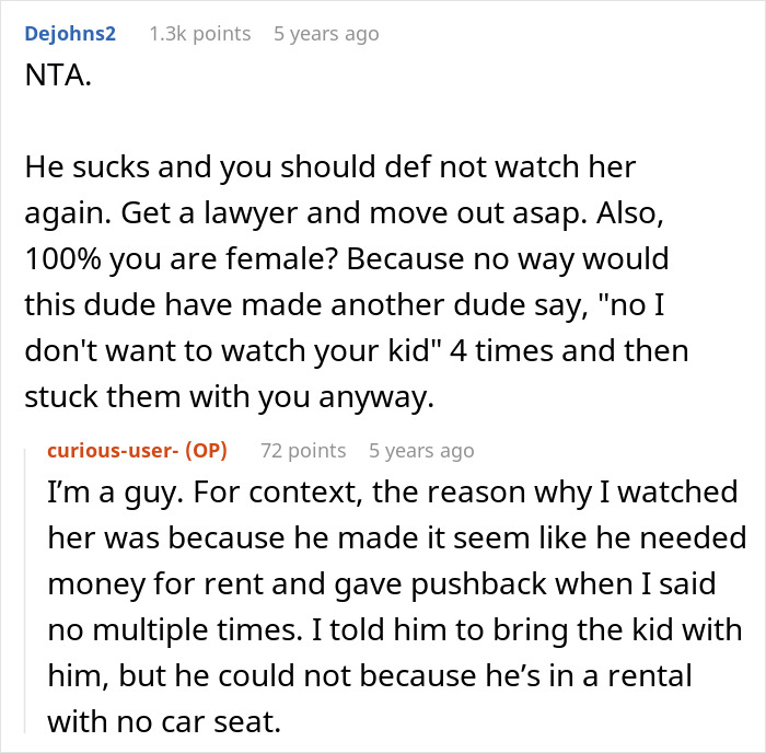 Reddit conversation about roommate vanishing with ex, leaving a guy with a kid, and blaming him when she gets hurt.