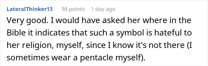 Screenshot of a discussion about a woman using HR’s rule on religious symbols to challenge a complaint involving a Karen. Screenshot of a discussion about a woman using HR’s rule on religious symbols to challenge a complaint involving a Karen.