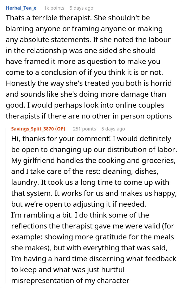 Couple discusses relationship struggles and therapist issues in an online forum, sharing experiences and seeking advice.
