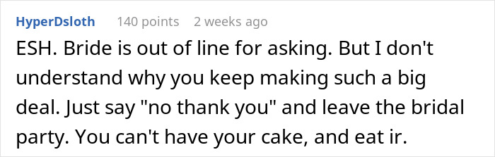 Screenshot of an online comment discussing a woman refusing to wear a wig at her brother's wedding and the resulting conflict. Screenshot of an online comment discussing a woman refusing to wear a wig at her brother's wedding and the resulting conflict.