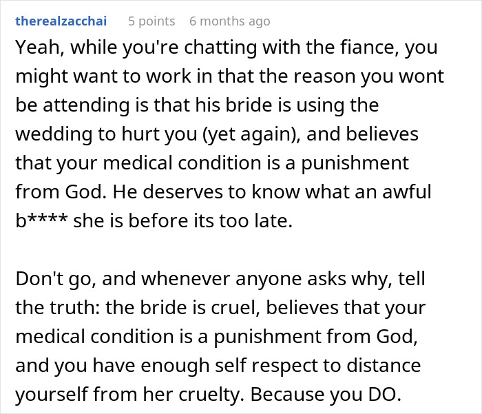 Comment text discussing a bride who views cousin&rsquo;s alopecia as punishment from God and bans her headscarf.
